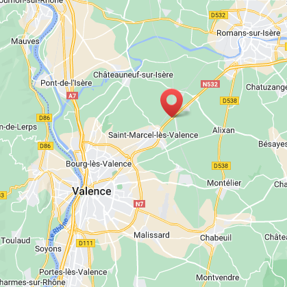 Carte situant l'entreprise RFIT entre Valence et Romans-sur-Isère. L'image est un lien vers la page de contact.